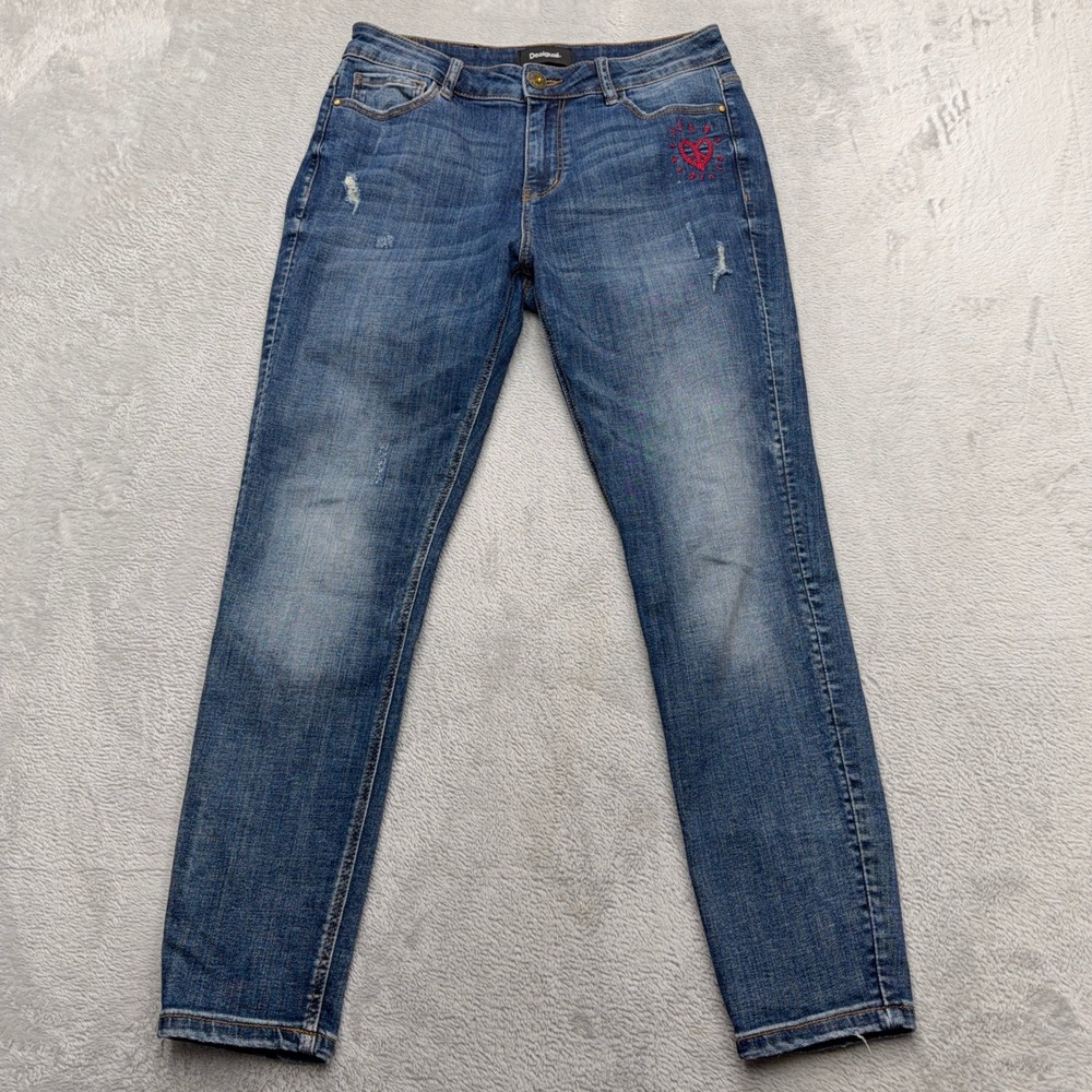 Desigual Jeans Womens 30 Blue Exotic Jeans Slim Distressed Heart Peace